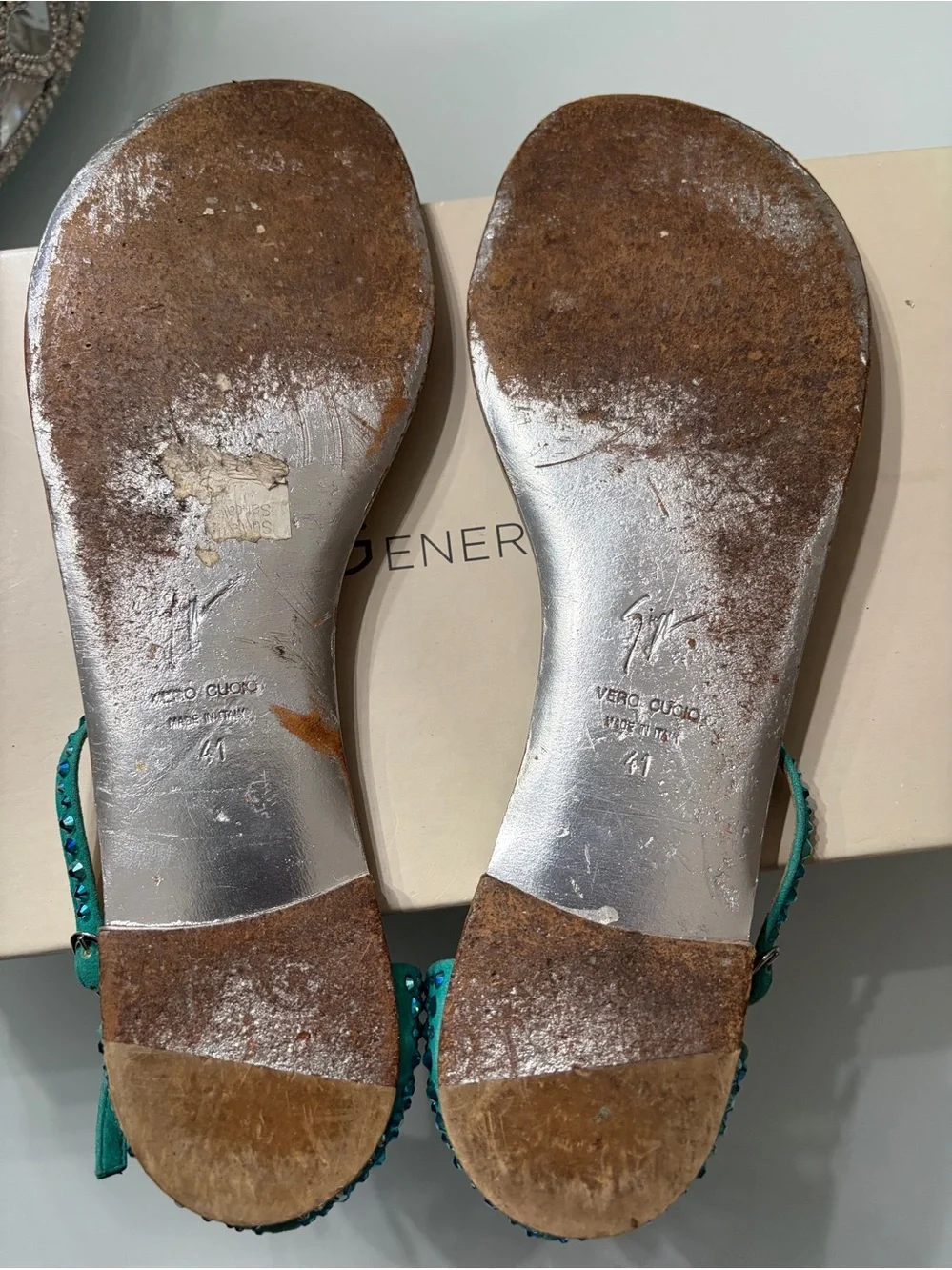 Giuseppe Zanotti Teal Crystal T-Strap Sandals 41